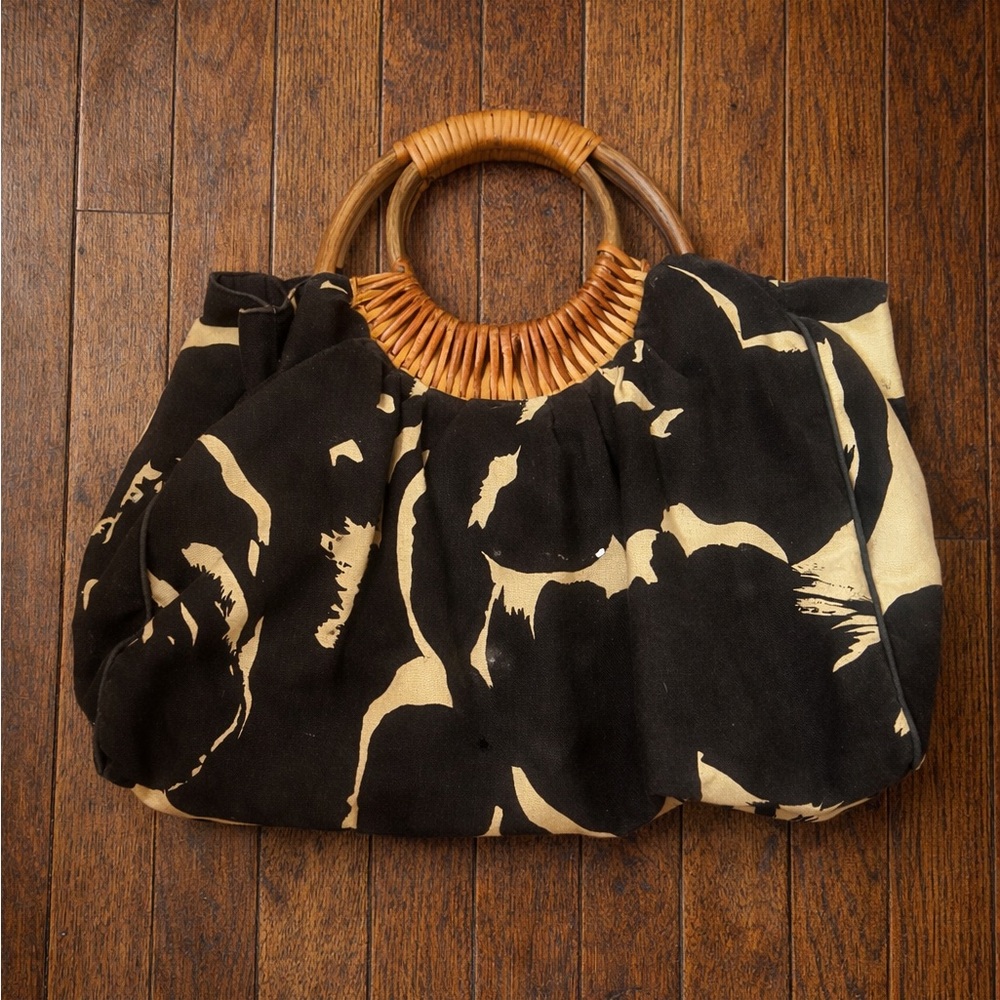 Old Navy Y2K Brown and Cream Tote with Wooden Handles